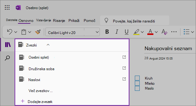 Posnetek zaslona s primeri spustnega seznama OneNote zvezkov