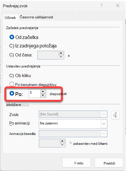 Določite lahko število diapozitivov, na katere se bo predvajal zvočni posnetek.