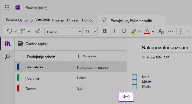 Posnetek zaslona, ki prikazuje, kako spremeniti velikost OneNote podoken za krmarjenje