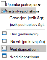 Možnosti za podnapise in napise na klasičnem traku v programu PowerPoint Online