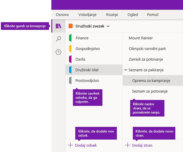 Odseki in strani v OneNotu za Windows 10