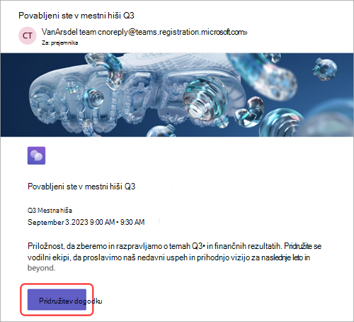 Posnetek zaslona, na katerem je prikazano e-poštno povabilo, ki so ga prejeli udeleženci, z označenim dogodkom »Pridruži se«