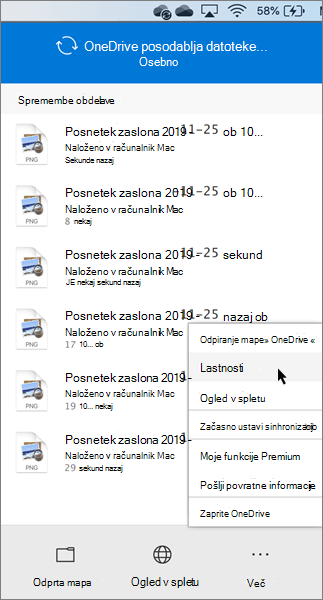 Posnetek zaslona, na katerem je prikazano konfiguriranje nastavitev storitve OneDrive