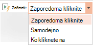 Možnosti predvajanja videoposnetka v računalniku so: V zaporedju klikov, Samodejno ali Ob kliku