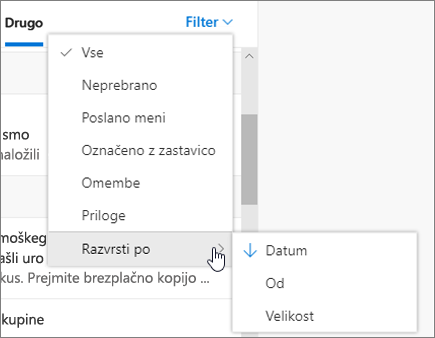 Filtriranje e-pošte v Outlooku v spletu