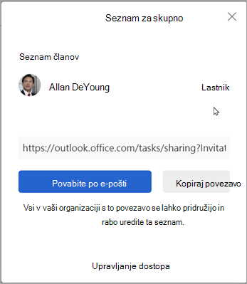 Če želite dati seznam v skupno rabo z drugimi, lahko izberete možnost Povabi po e-pošti ali Kopiraj povezavo.