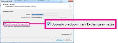 Potrditveno polje »Uporabi predpomnjeni Exchangeev način« v pogovornem oknu »Spreminjanje računa«