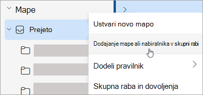 Posnetek zaslona, ki prikazuje izbor za dodajanje mape ali nabiralnika v skupni rabi