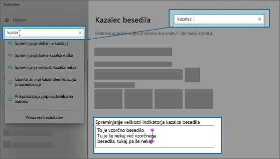 Stran z nastavitvami za kazalec besedila