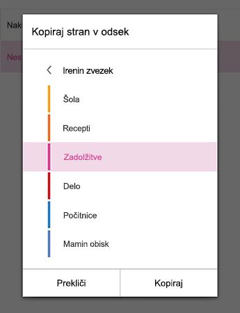Meni» Kopiraj stran v odsek «v OneNotu za Android