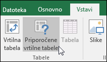 Pojdite v razdelek »Vstavi« > »Priporočene vrtilne tabele«, da Excel ustvari vrtilno tabelo namesto vas