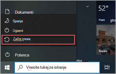 Kje najdete možnost vnovičnega zagona v Windows 10 začetnem meniju.