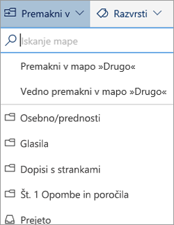 Mapa »Prejeto« v fokusu v Outlooku v spletu