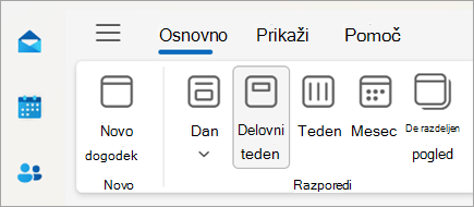 Posnetek zaslona traku v novem Outlooku z izbori za spreminjanje pogleda koledarja