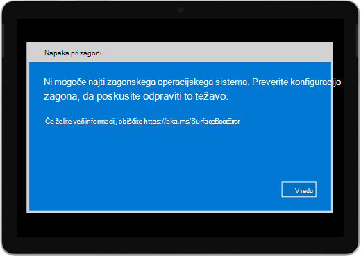 Moder zaslon z naslovom »Napaka pri zagonu« in sporočilom, da preverite konfiguracijo zagona.