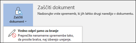 Izbran je bil kontrolnik »Zaščiti dokument«, ki prikazuje možnost »Vedno odpri v načinu samo za branje«.