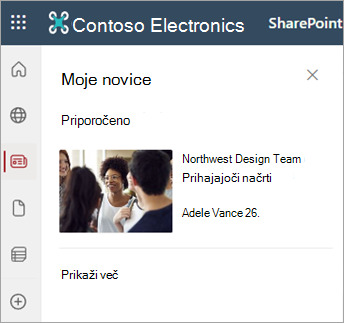 Posnetek zaslona, na katerem je prikazan razdelek »Moje novice« na strani SharePointovega mesta.