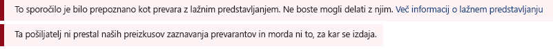 Posnetek zaslona z rdečo varnostno vrstico v Outlookovem sporočilu.