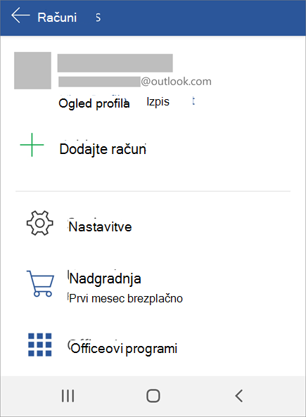 Prikazuje možnost izpisa za Office v napravi Android