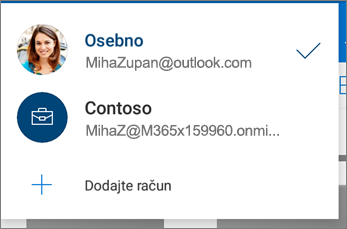 Preklapljanje med računi v mobilni aplikaciji OneDrive