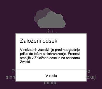 Obvestilo o založenih odsekih v OneNotu za Android