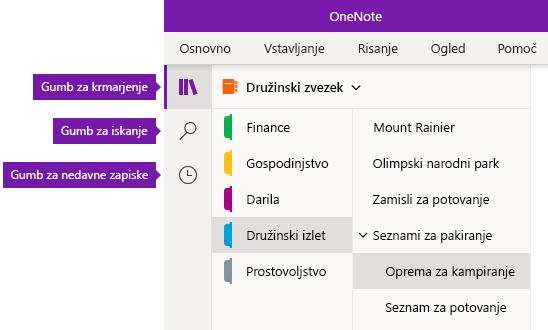 Vrstica za krmarjenje v OneNotu za Windows 10