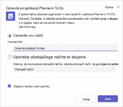 Pogovorno okno, ki se prikaže, ko dodate zavihek Opravila po Planner in To Do v kanal Teams.