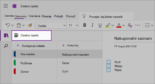 Pogled na spletni uporabniški vmesnik OneNote, ki prikazuje območje vsebine