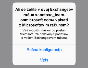 Tapnite »Vpis«, če uporabljate O365, ali pa tapnite »Ročna konfiguracija«, če imate nastavitve strežnika v organizaciji.