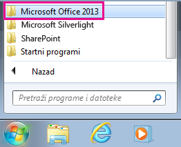 Office 2013 group under All Programs in Windows 7