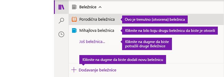 Lista "Beležnice" u programu OneNote za Windows 10