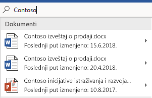 Polje za pretragu "Recite mi..." koje prikazuje listu datoteka koje je pronašla