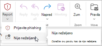 Možete da koristite dugme Izveštaj > Nije neželjena e-pošta da biste vratili poruku iz fascikle "Neželjena e-pošta", a zatim da kažete programu Outlook da prestane da šalje poruke od tog pošiljaoca u fasciklu "Neželjena e-pošta".