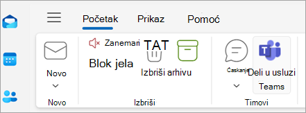 Snimak ekrana koji prikazuje stavku "Deli u usluzi Teams" na traci programa Outlook