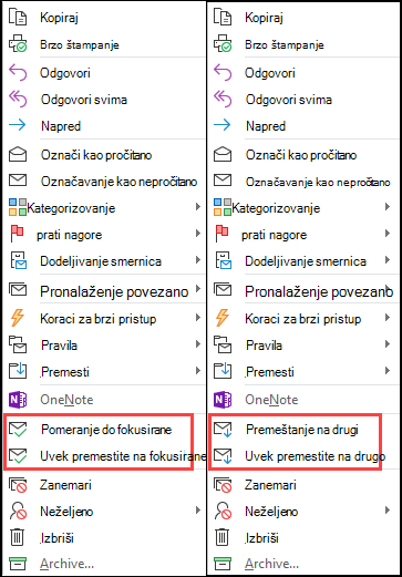 Uporedni prikaz opcija „Premesti“ i „Uvek premeštaj“