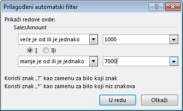 Dijalog „Prilagođeno auto filtriranje“