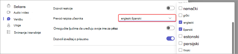 Opcija sastanka koja prikazuje kako da dodate jezike za uživo prevedene natpise u događaju.