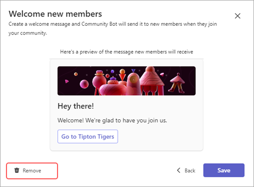 Snimak ekrana dugmeta za uklanjanje za brisanje poruke bota zajednice u usluzi Microsoft Teams.