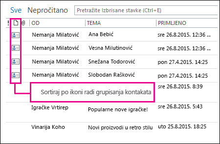 Ikona „Sortiraj po“ ya grupisanje kontakata u fascikli „Izbrisane stavke“