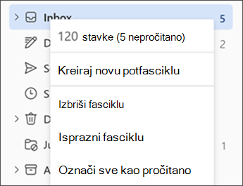 Snimak ekrana koji prikazuje meni kada kliknete desnim tasterom miša na fasciklu