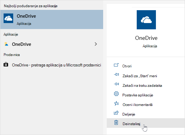 Deinstaliranje aplikacije OneDrive prodavnice