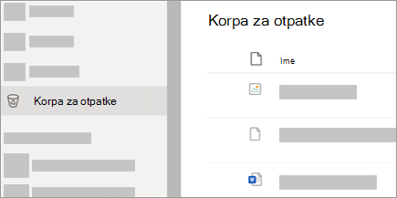 Snimak ekrana koji prikazuje korpu za otpatke na sajtu OneDrive.com.