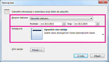 čuvanje kalendara – izbor detalja