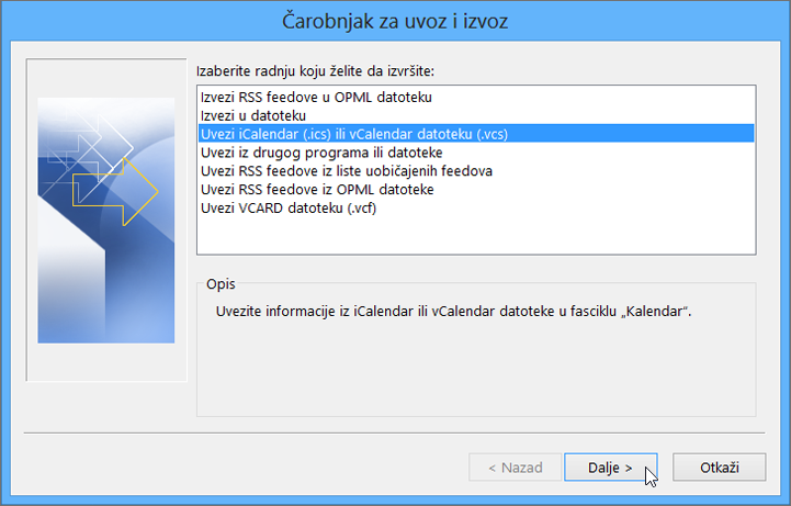 Odaberite stavku „Uvezi iCalendar ili vCalendar datoteku“.