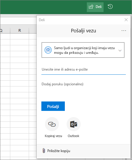 Ikona deljenja i dijalog u programu Excel