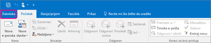 Ovako izgleda traka u programu Outlook 2016.