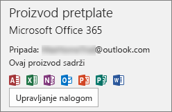 Prikazuje nalog e-pošte povezan sa sistemom Office