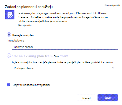 Dijalog koji dobijate kada odete da biste dodali karticu "Zadaci po Planner" i "Zaduženje" na teams kanal.