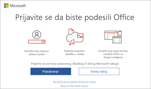 Prikazuje stranicu „Prijavite se da biste podesili Office“, koja se može pojaviti kada instalirate Office.