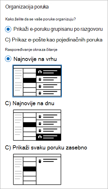 Screenshot of Settings > Mail> Layout section showing Message organization section